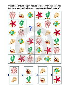 Picture domino sudoku game for kids with underwater creatures, shells and algae.