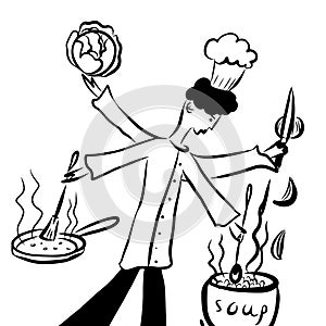 Picture drawing cartoon comic fantasy, multi-handed chef prepares vegetable soup with roast in a cauldron outdoors