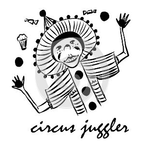 Picture drawing clown juggler in a funny suit and hat with pompoms, juggles with delicious food, sketch