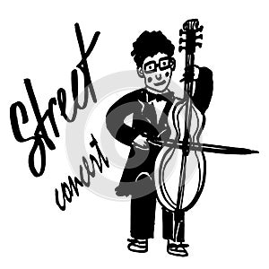 Picture drawing curly street musician in a black tails and bow tie playing the cello, vector illustration