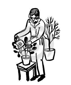 Picture drawing of an elderly man with glasses watering flowers in pots from a garden watering can, caring for home