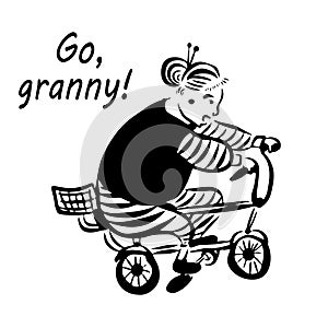 Picture drawing `grandmother, come on!` full gay funny grandmother riding a bicycle grandson, digital art sketch