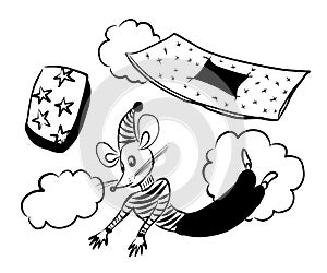 Picture drawing of a little mouse flying in a dream and falling from the bed, waking up, vector illustration