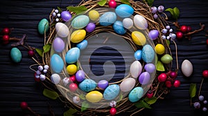 A picture with Easter colors and eggs located in the form of a wreath