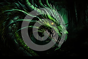 A picture of an emerald green dragon with a green fire in the eye, symbol of the year 2024.