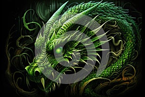 A picture of an emerald green dragon with a green fire in the eye, symbol of the year 2024.