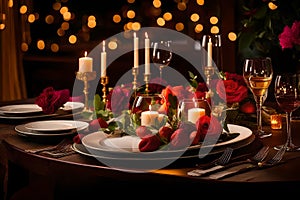 Picture an enchanting homemade romantic dinner, where the lighting is artfully arranged