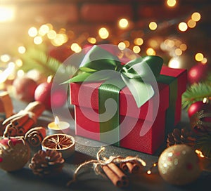 A picture of an enticing red gift box tied with a green ribbon, set against a warm festive background with lights