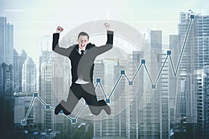 Successful businessman jumping with growth statistic