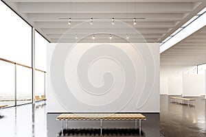 Una foto exposición galería abrir espacio. vacío blanco vacío lienzo colgante moderno arte museo. suelo 