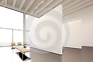 Picture exposition modern gallery,open space.Huge white empty canvas hanging contemporary art museum.Interior industrial photo