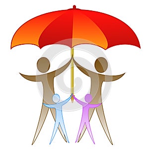 The picture of family under a large red umbrella