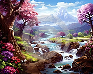 picture of fantsy choclate river land with milk and flowers.