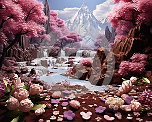 picture of fantsy choclate river land with milk and flowers.