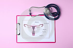 Picture of female reproductive system with stethoscope on color background. Gynecological care