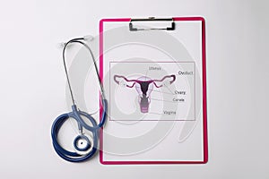 Picture of female reproductive system with stethoscope. Gynecological care