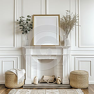 Picture of a fireplace with a picture frame on it, Painting canvas concept