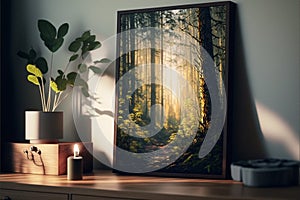 Picture frame of beautiful forest with evening sunlight spilling through the trees