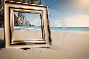 picture frame with beautiful seapicture frame with beautiful seaempty wooden picture frame on a sandy beach with a beautiful lands photo