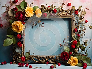 A picture frame with a bouquet of flowers and berries