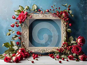 A picture frame with a bouquet of flowers and berries