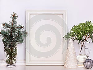 Picture frame Christmas mockup, stock photography.