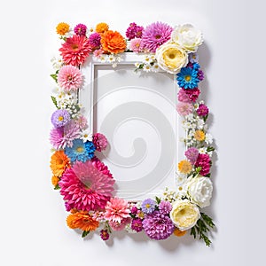 Picture frame filled with colorful flowers. Generative AI.