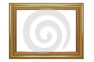 Picture frame isolated on white background, empty antique golden