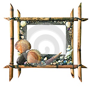 Picture frame made of bamboo and seashells isolated on white bac