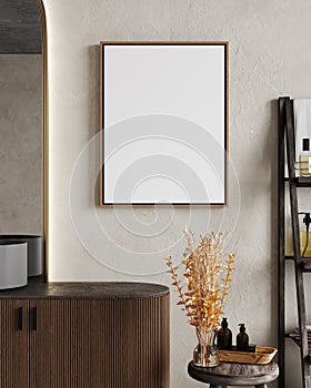 Picture frame mock up in modern bathroom with sink, mirror and decorative concrete wall, 3d rendering