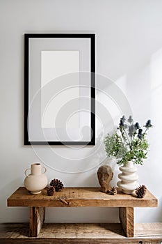 Picture frame over wooden bench with flowers in vase and home decor