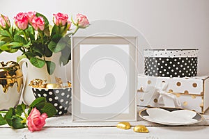 Picture frame poster template mock up with glamour and elegant feminine objects