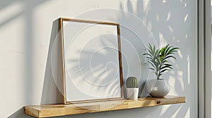 a picture frame resting elegantly on a shelf, offering a contemporary and stylish display solution.