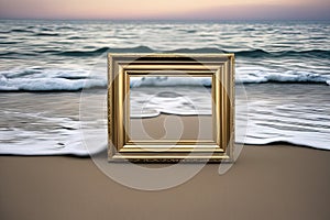 picture frame on the seapicture frame on the seapicture frame with reflection on the beach photo