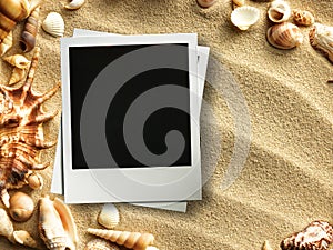 Picture frame on shells and sand background