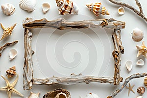 A picture frame surrounded by seashells and starfish on a white surface