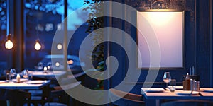 A picture frame on the wall of a modern restaurant