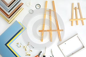 Picture framing tools flat lay