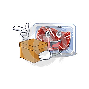 An picture of frozen beef cartoon design concept holding a box