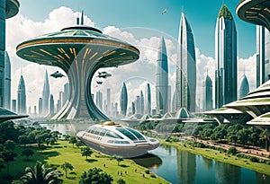 a picture of a futuristic city with a boat and futuristic buildings in the background