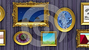 Picture gallery, 3d animation on purple wood background