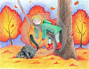 Picture of girl and cat going for a walk in autumn park