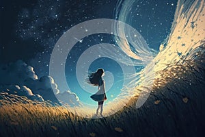 Picture of girl have a outdoors on the field at summer, deep night and starry sky, dynamic scene, ai generated