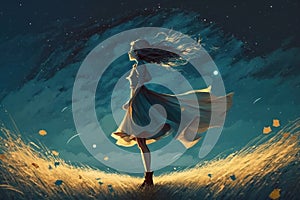Picture of girl have a outdoors on the field at summer, deep night and starry sky, dynamic scene, ai generated