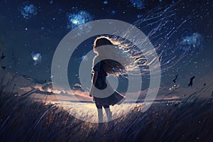 Picture of girl have a outdoors on the field at summer, deep night and starry sky, dynamic scene, ai generated