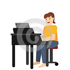 Picture of a girl learning to play the piano online. Vector illustration