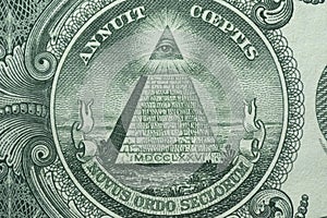 Picture of Great Seal of the United States with writings Annuit Coeptis and Novus Ordo Seclorum, printed on One USA dollar