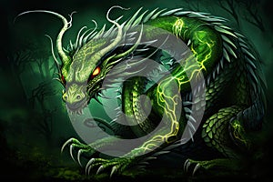 A picture of a green dragon with a yellow fire in the eye, Chinese year 2024.