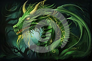A picture of a green dragon with a yellow fire in the eye, it is in the forest.