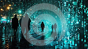 The group people try searching something in digital matrix binary code. AIGX01.